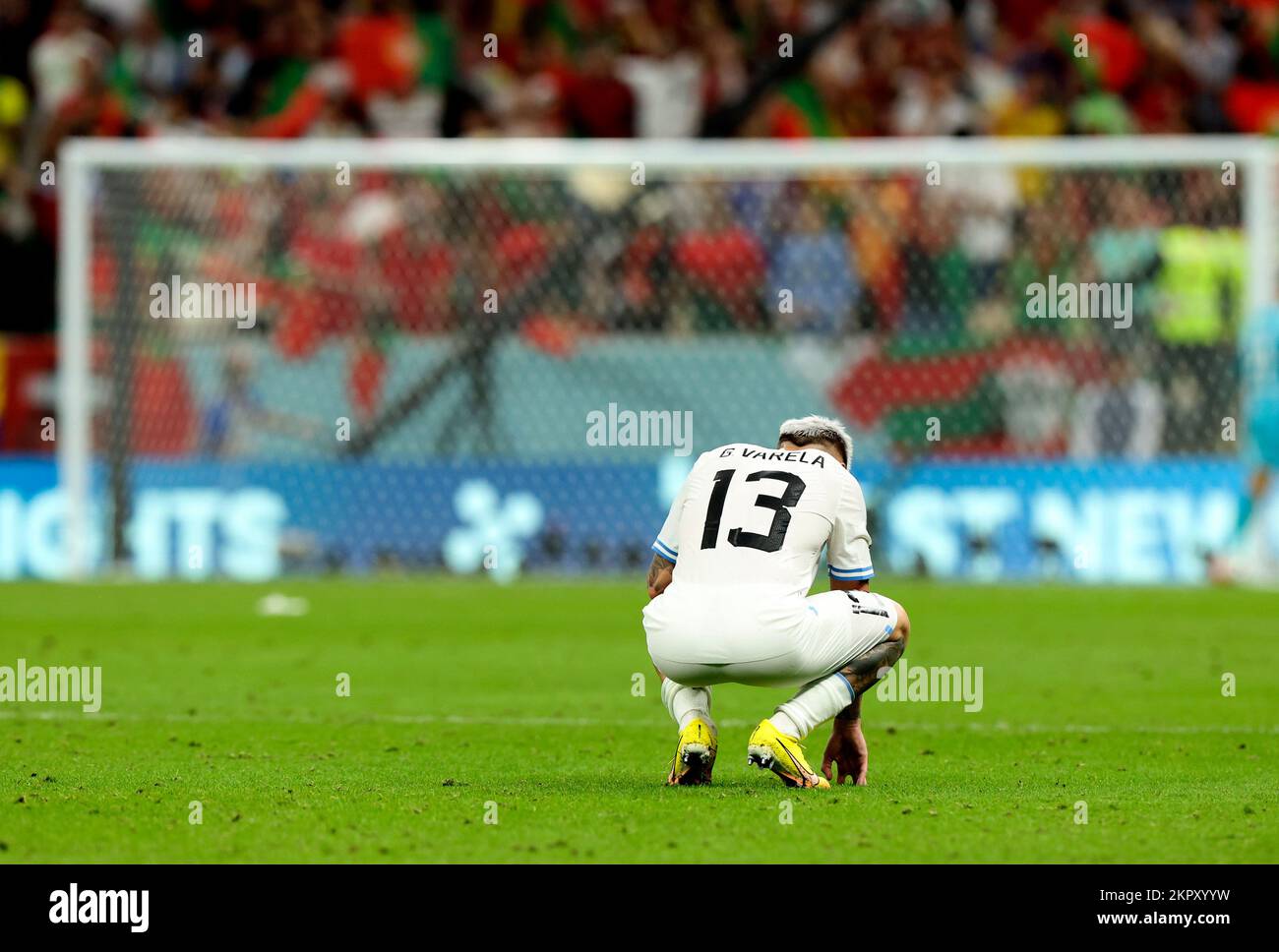 Lusail, Qatar. 28th Nov, 2022. Guillermo Varela of Uruguay reacts after the Group H match between Portugal and Uruguay at the 2022 FIFA World Cup at Lusail Stadium in Lusail, Qatar, Nov. 28, 2022. Credit: Han Yan/Xinhua/Alamy Live News Stock Photo