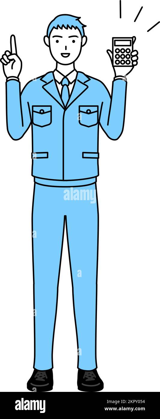 Simple line drawing of a Man in work clothes holding a calculator and ...