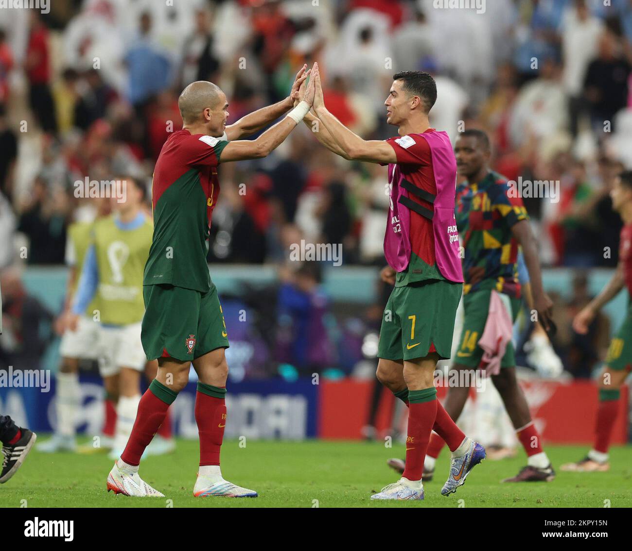 Lusail, Qatar. 28th Nov, 2022. Cristiano Ronaldo (R, front) of Portugal celebrates with Pepe of after the Group H match between Portugal and Uruguay at the 2022 FIFA World Cup at Lusail Stadium in Lusail, Qatar, Nov. 28, 2022. Credit: Pan Yulong/Xinhua/Alamy Live News Stock Photo