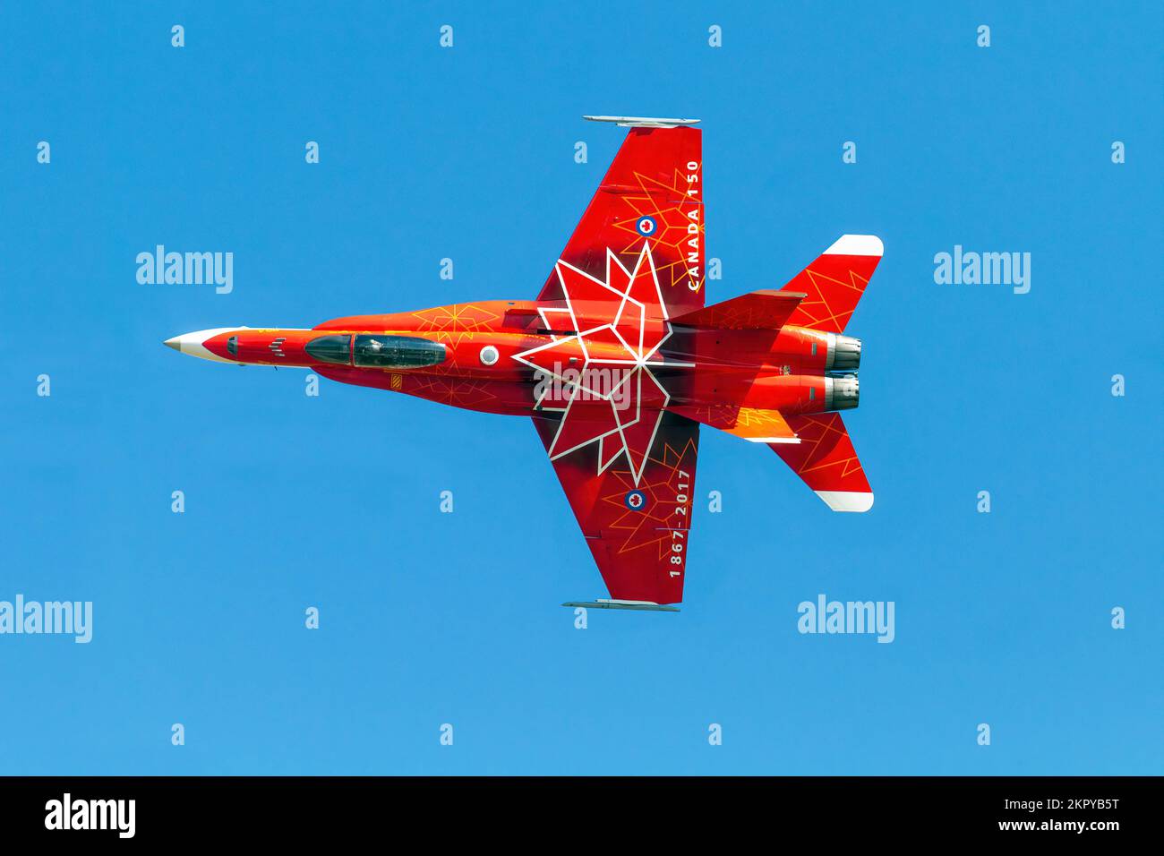 A Royal Canadian Air Force (RCAF) 150th anniversary CF-18 Hornet during a flight demonstration at 2017 Airshow London. Stock Photo
