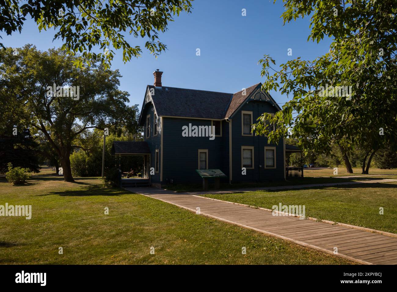 Museum of John Walter, an immigrant from Scotland. Blue wooden houses of the 19th century. Edmonton, Alberta, Canada Stock Photo