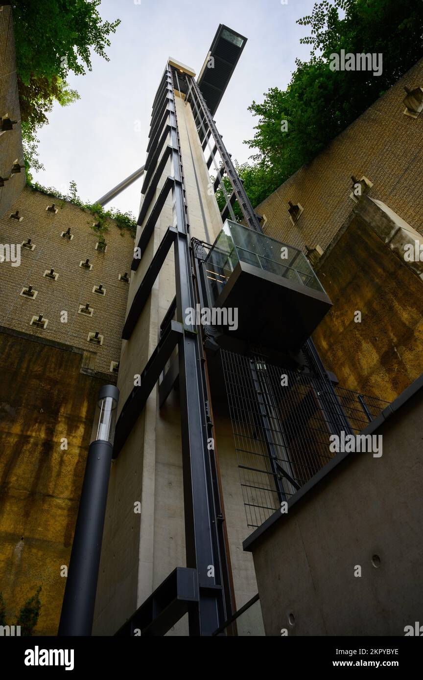 Panoramic Elevator of the Pfaffenthal as seen from below. Luxembourg City. Stock Photo