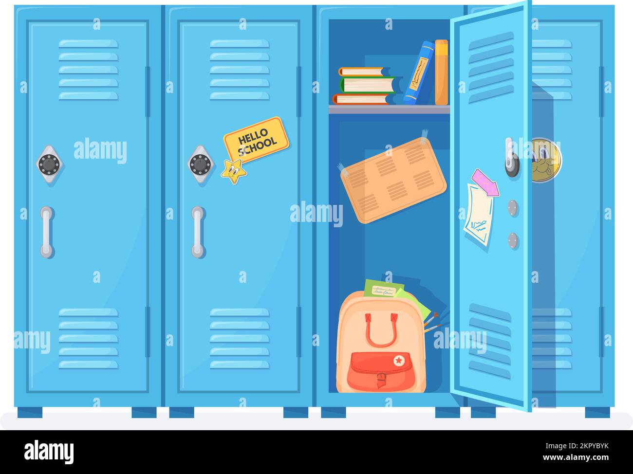 Open school lockers. Opened door locker highschool hallway, student