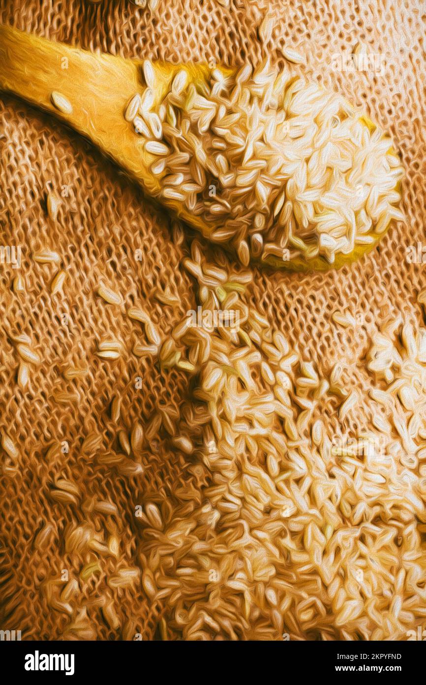 Mixed media photo illustration of a wooden spoon serving up uncooked