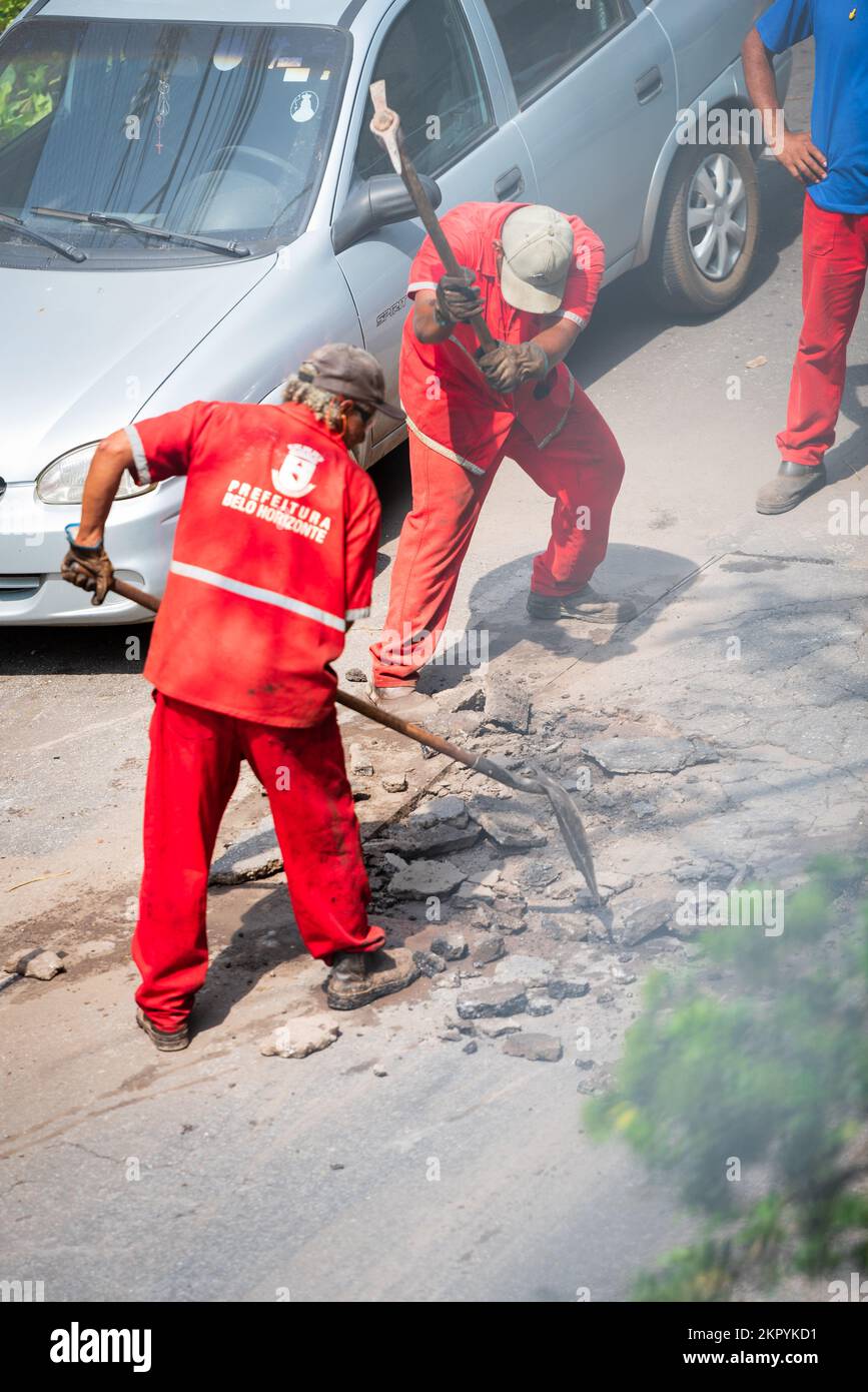 City of Belo Horizonte workers repairing a road at Gutierrez in Belo Horizonte, Minas Gerais, Brazil. Stock Photo