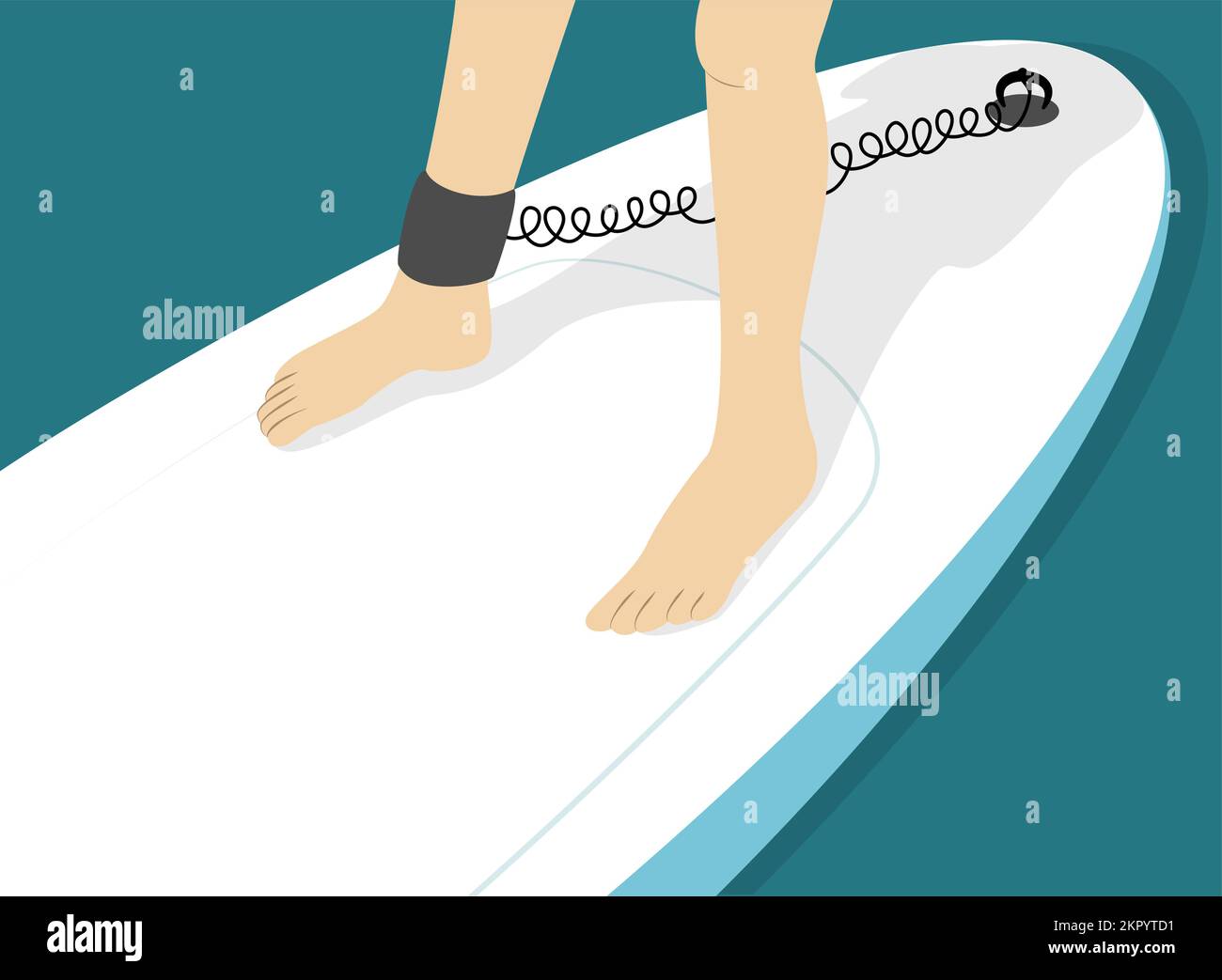 Paddleboarding safety connector for feet to connect the human to the board. Legs of person standing on sup board. Stock Vector