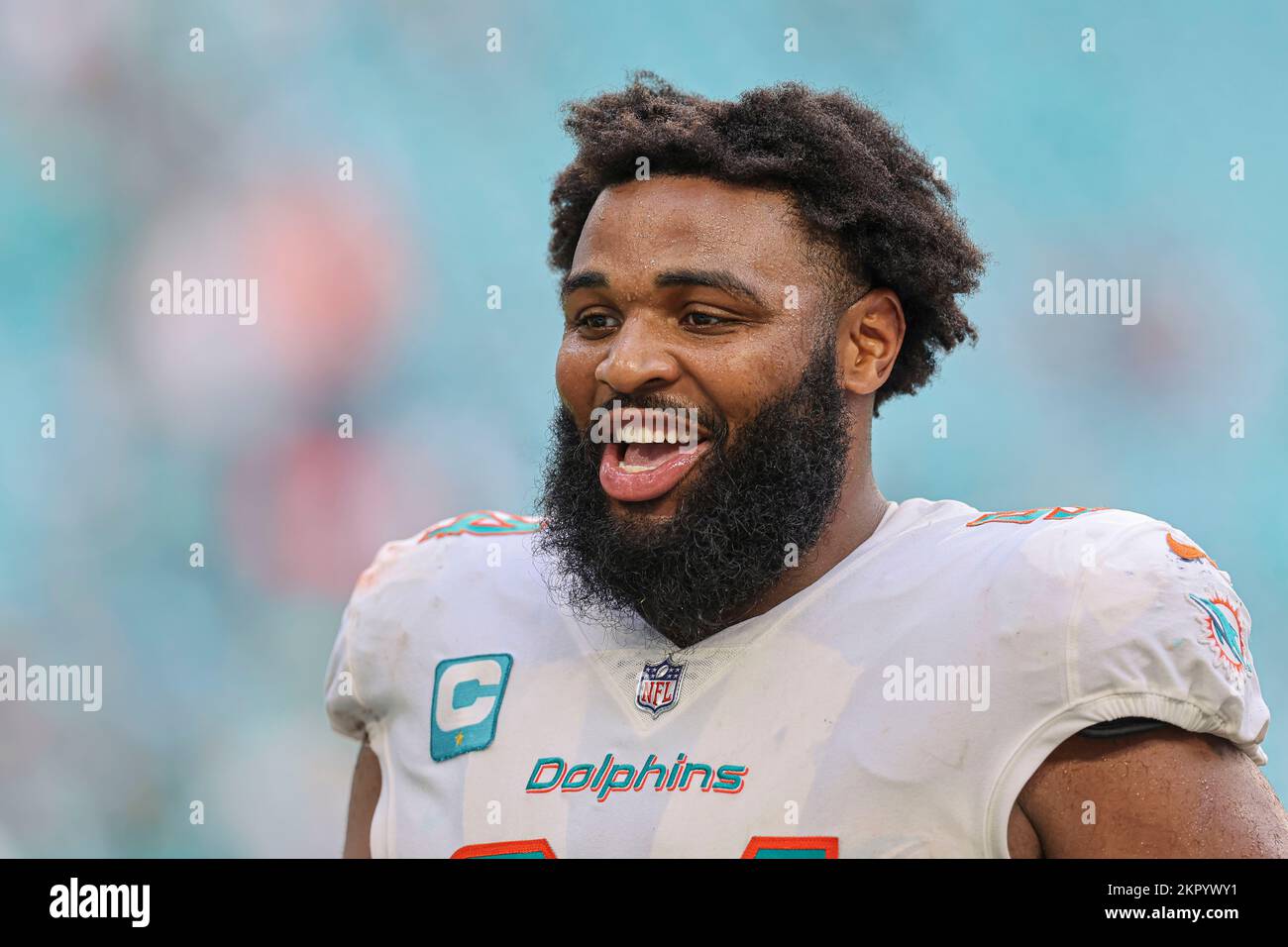 Miami Dolphins defensive tackle Christian Wilkins (94) laughs on the  sidelines during an NFL football game against the Philadelphia Eagles,  Saturday, Aug. 27, 2022, in Miami Gardens, Fla. (AP Photo/Doug Murray Stock