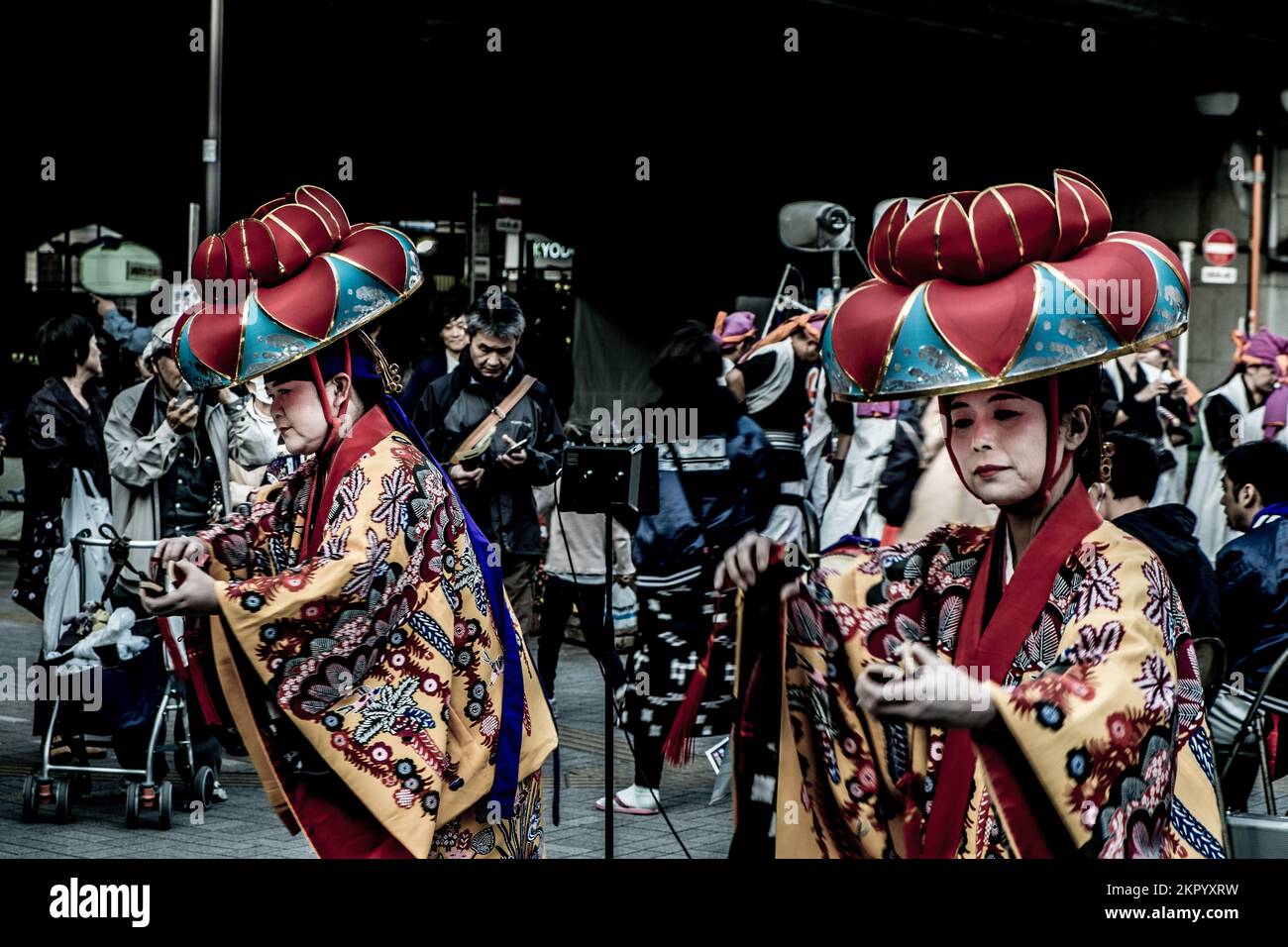 Tokyo, Japan - November 06, 2016: Photo of okinawan eisa dancer and band performing wearing traditional costumes at Setagaya-ku Kyodo district, Tokyo Stock Photo