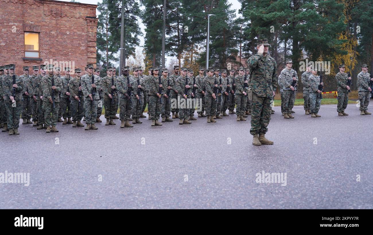 U.s. Marines With Combat Logistics Battalion 6 (Clb-6), Present Arms During  A Ceremony In Dragsvik, Finland, Nov. 4, 2022. U.s. Marines With Clb-6 Were  Invited To Take Part In A Ceremony And