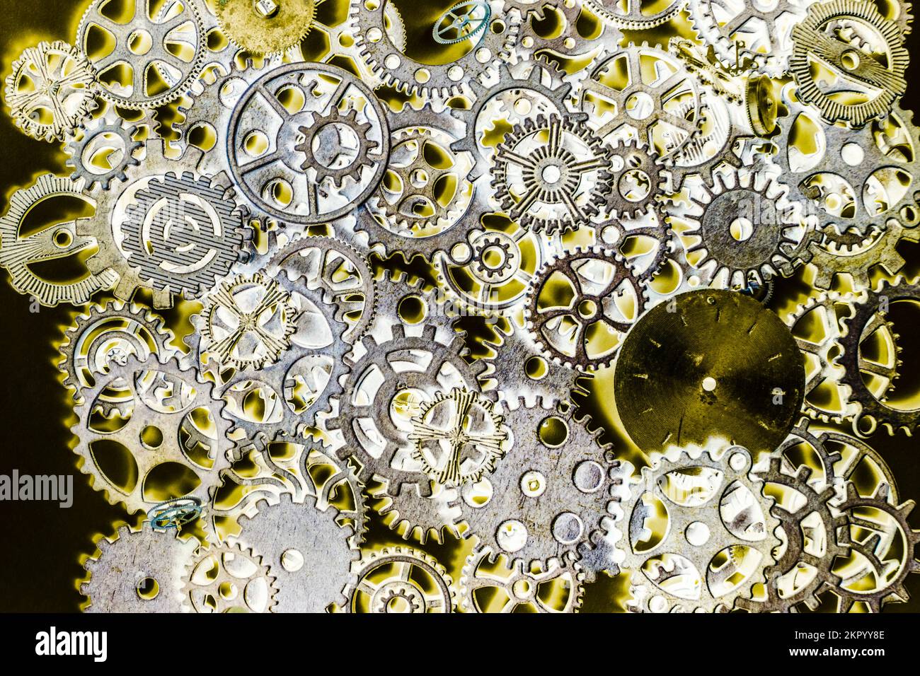 Creative machinery artwork on metallic motor mechanisms from an industrial past Stock Photo