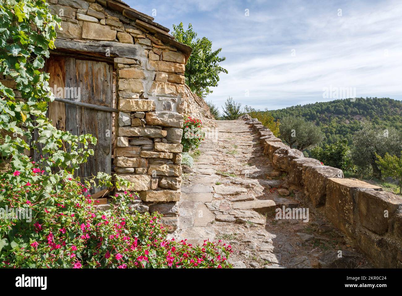 Old stone farm building in Spanish rural landscape, Aragon, Spain Stock Photo