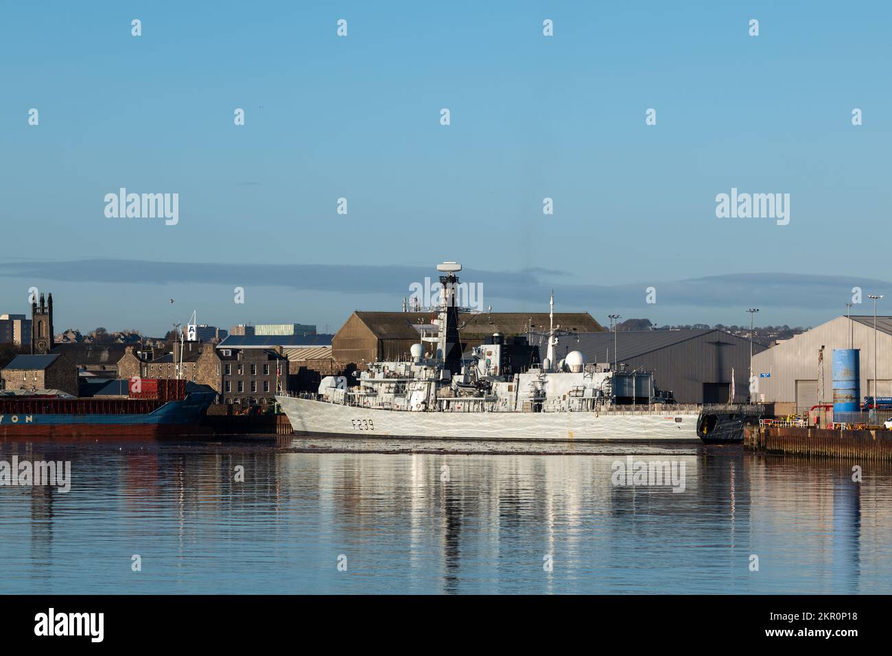28 November 2022. Aberdeen,Scotland. This is the Royal Navy Ship, HMS Richmond berthed within Aberdeen Harbour. Stock Photo