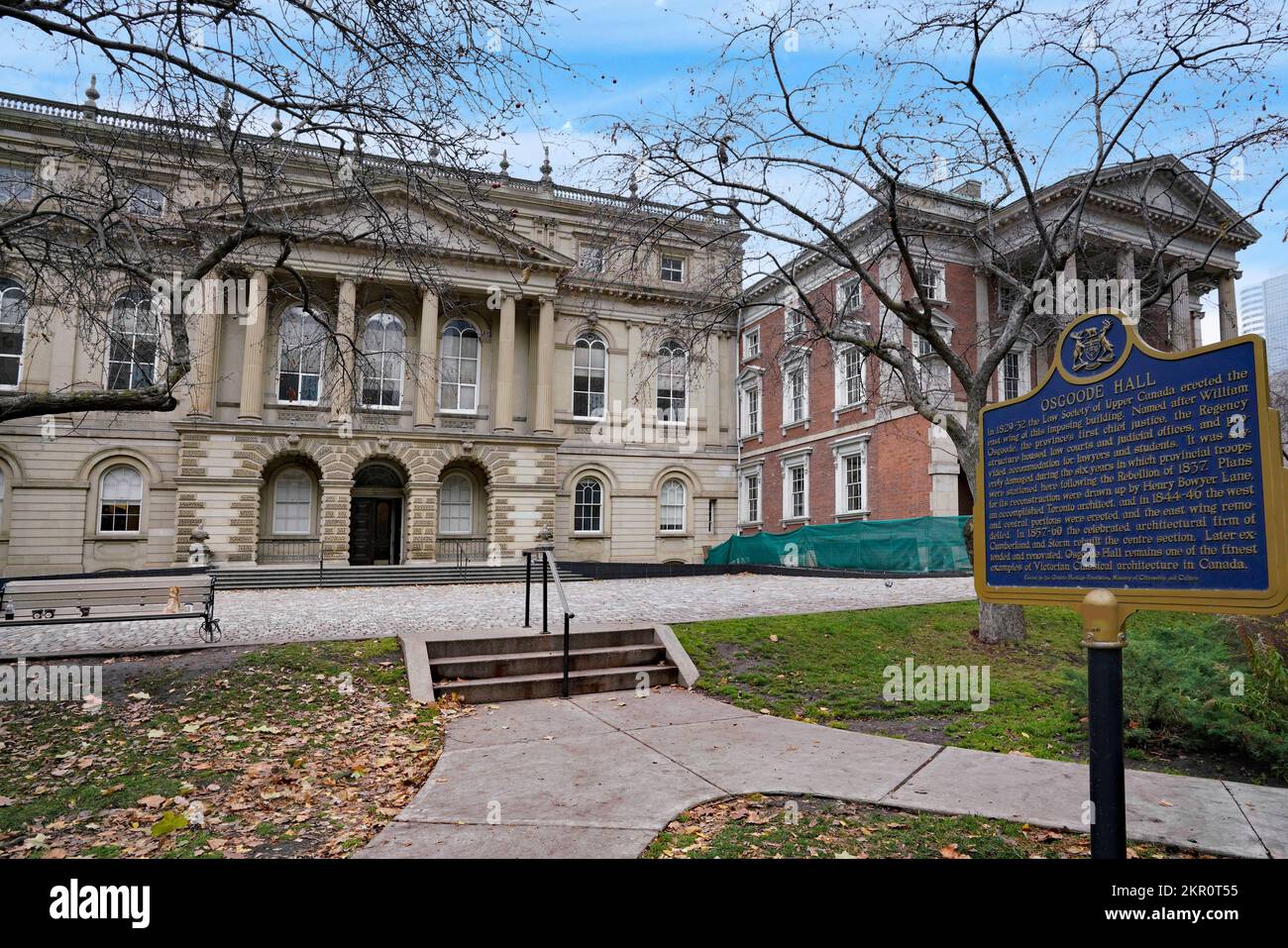Toronto, Canada - November 2022:  Osgoode Hall court house, one of the oldest buildings in Toronto, with a plaque describing its history Stock Photo