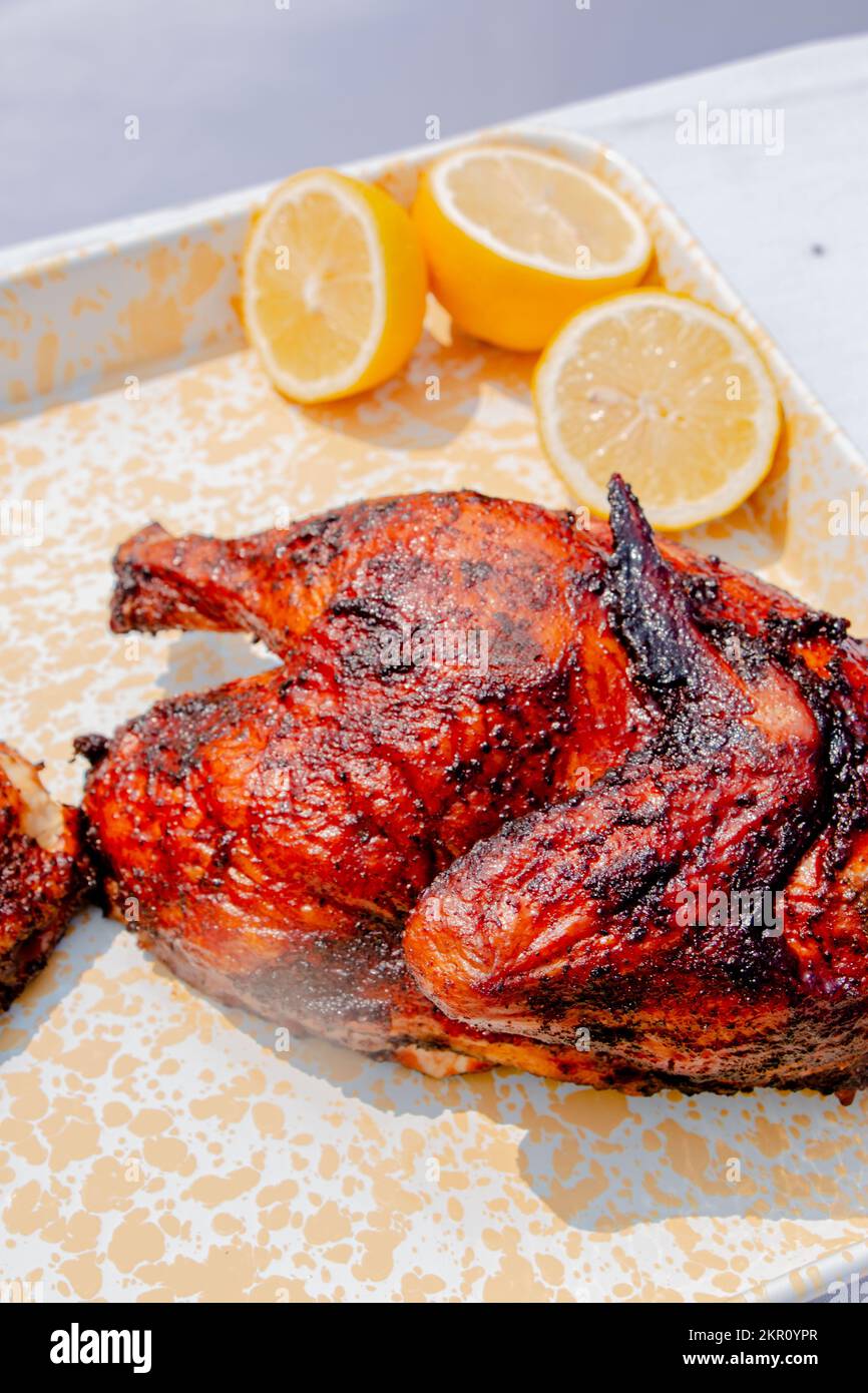 Sunday BBQ Charred Rotisserie Chicken Stock Photo Alamy