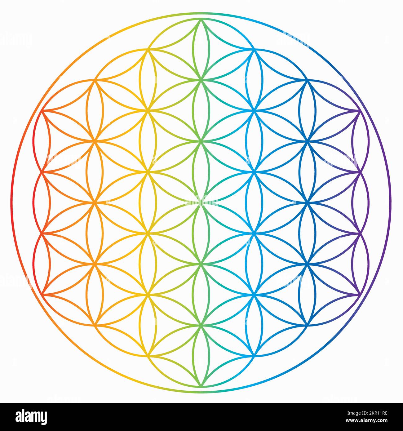 Flower of Life Symbol in Rainbow Colors, Cosmic Universe Energy Wheel Stock Vector