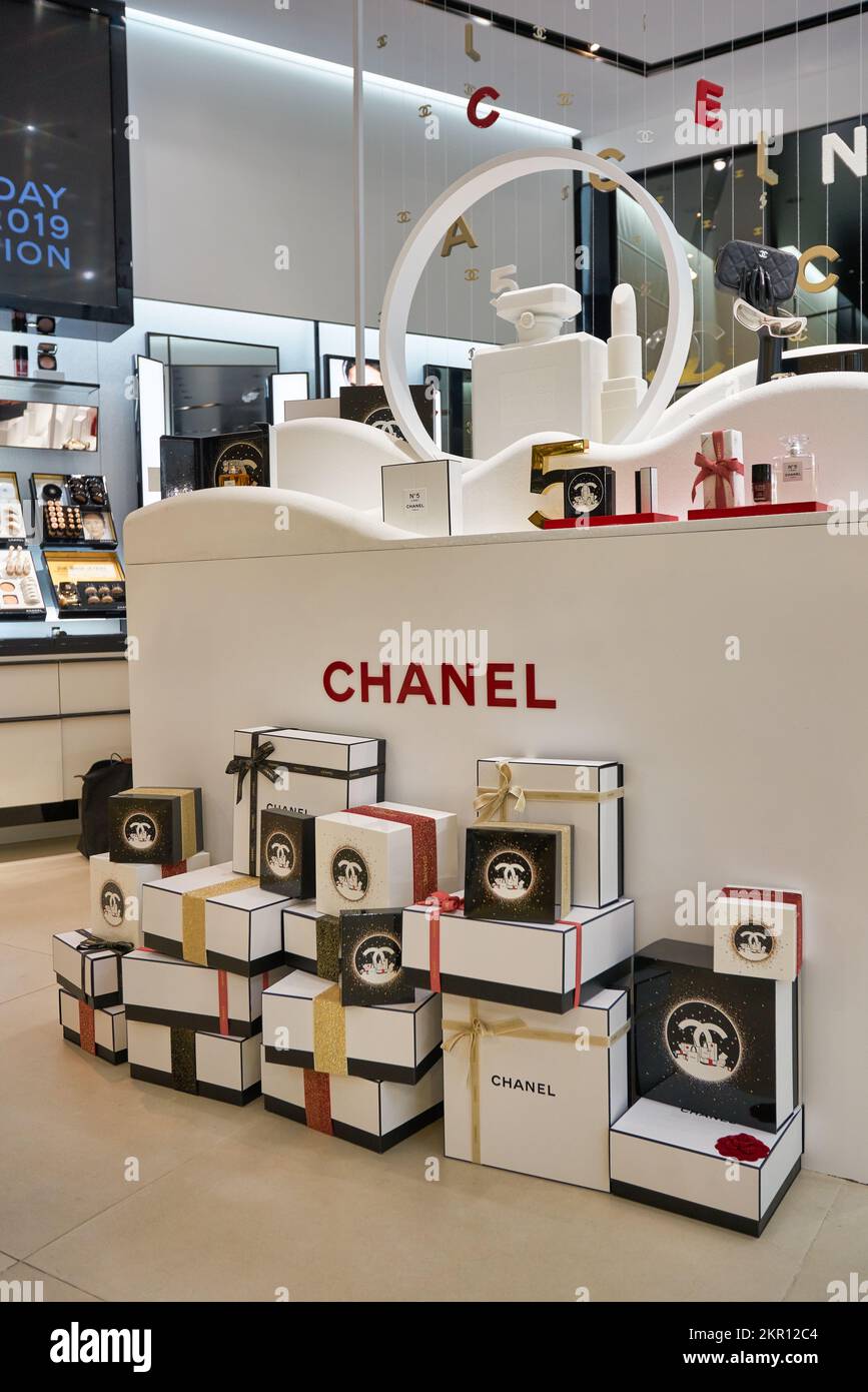 HONG KONG - CIRCA DECEMBER, 2019: interior shot of Chanel store at IFC mall in Hong Kong. Stock Photo