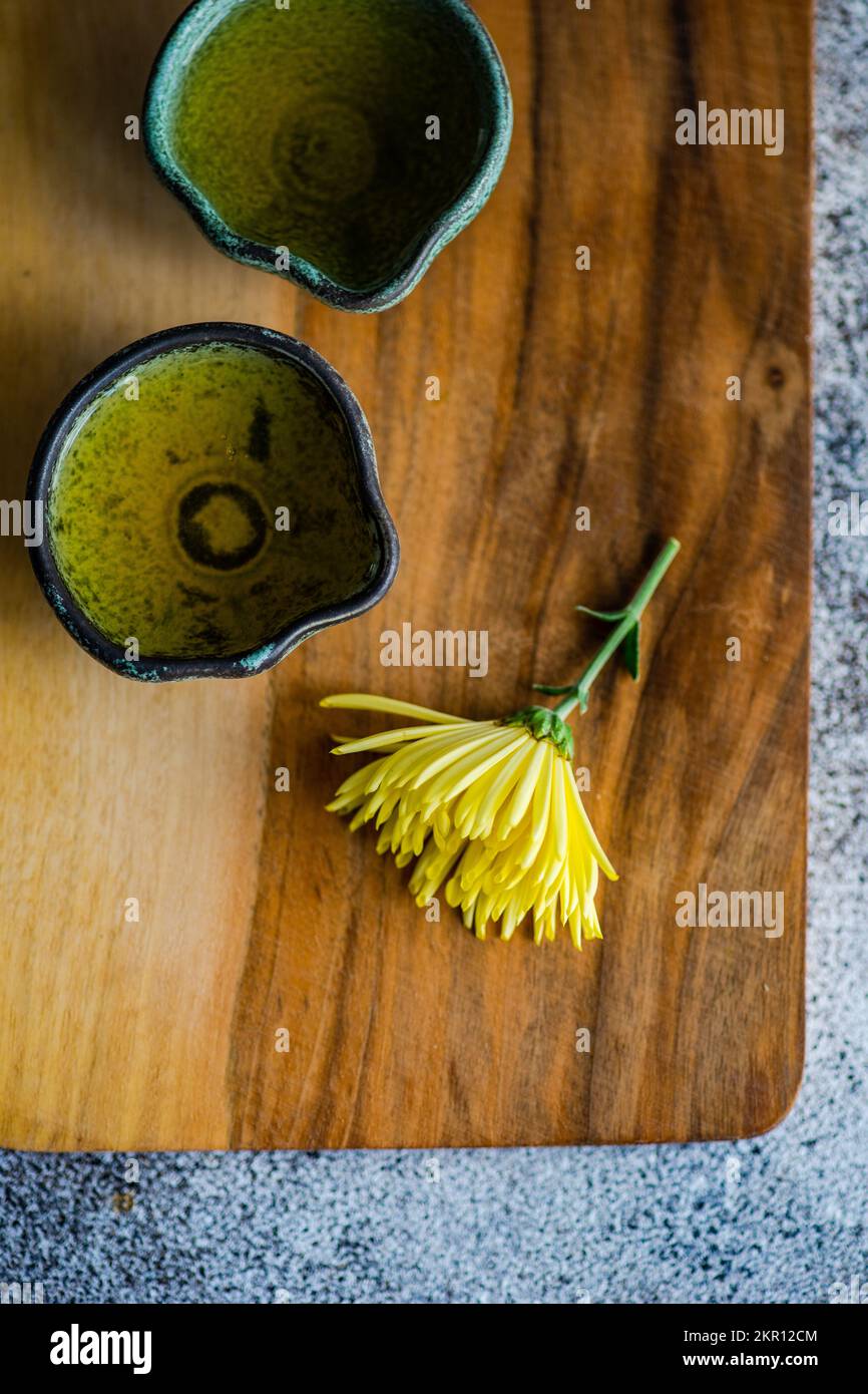 Asian green tea set with autumnal flowers Stock Photo - Alamy