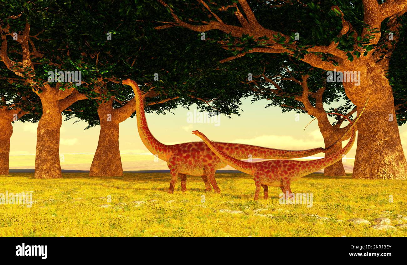 A female and a juvenile Diplodocus sauropod dinosaurs come across a