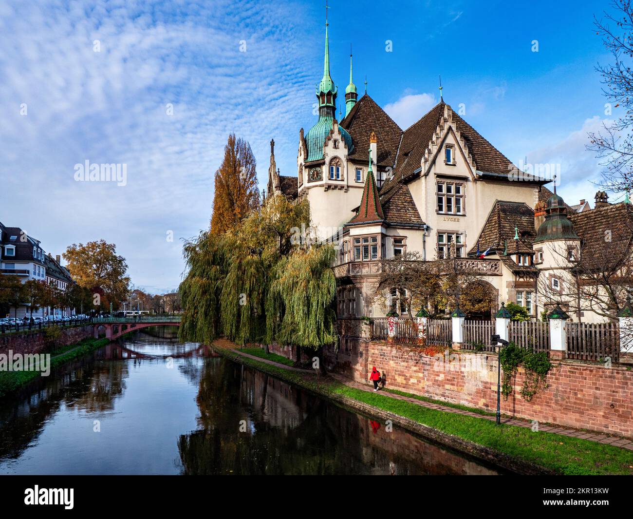 Lyceum Pontonier in Strasbourg. Sunny autumn day. Beautiful arch Stock Photo