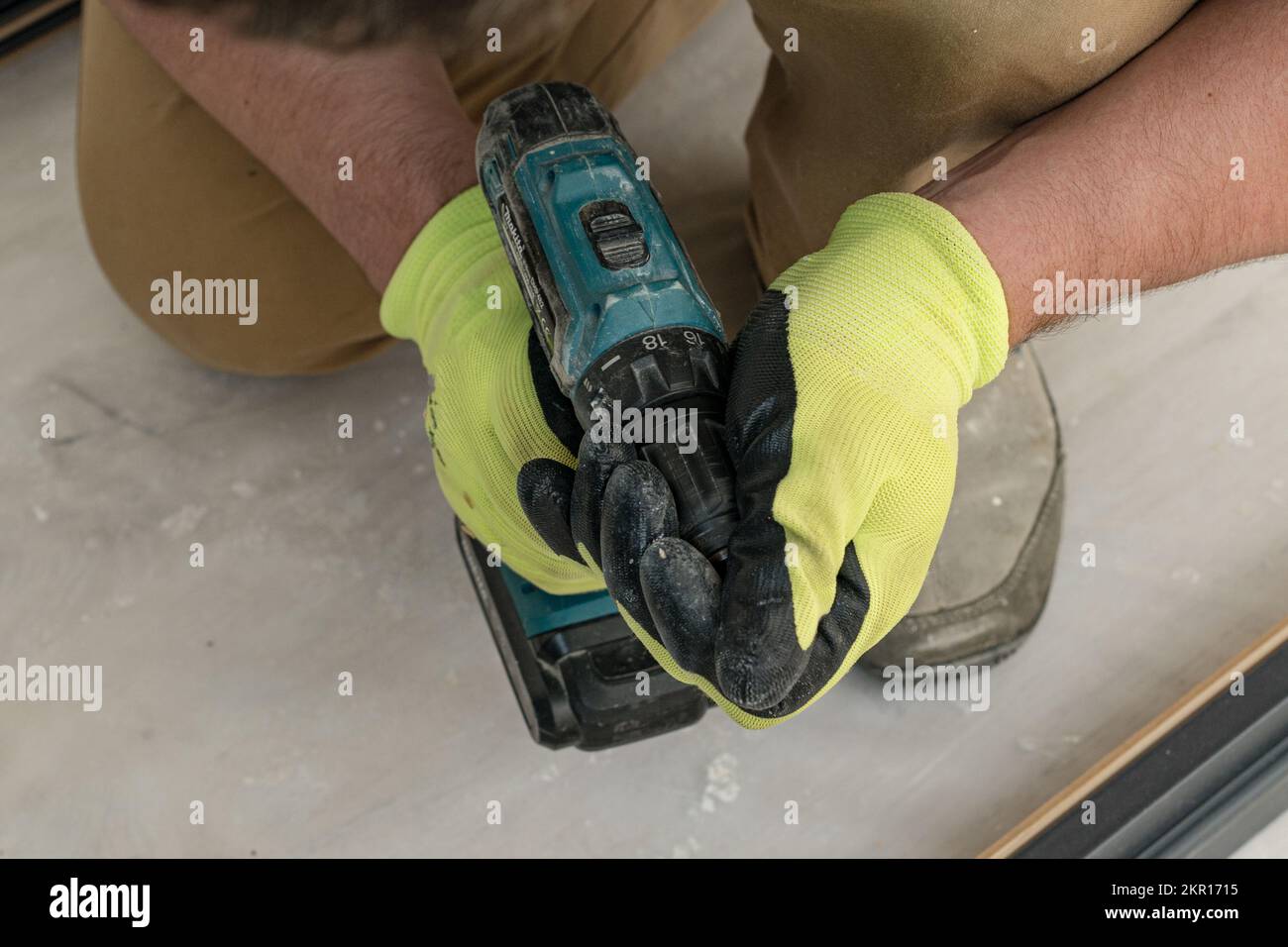 Drilling a hole in the door frame for a corner connection, installation of interior doors Stock