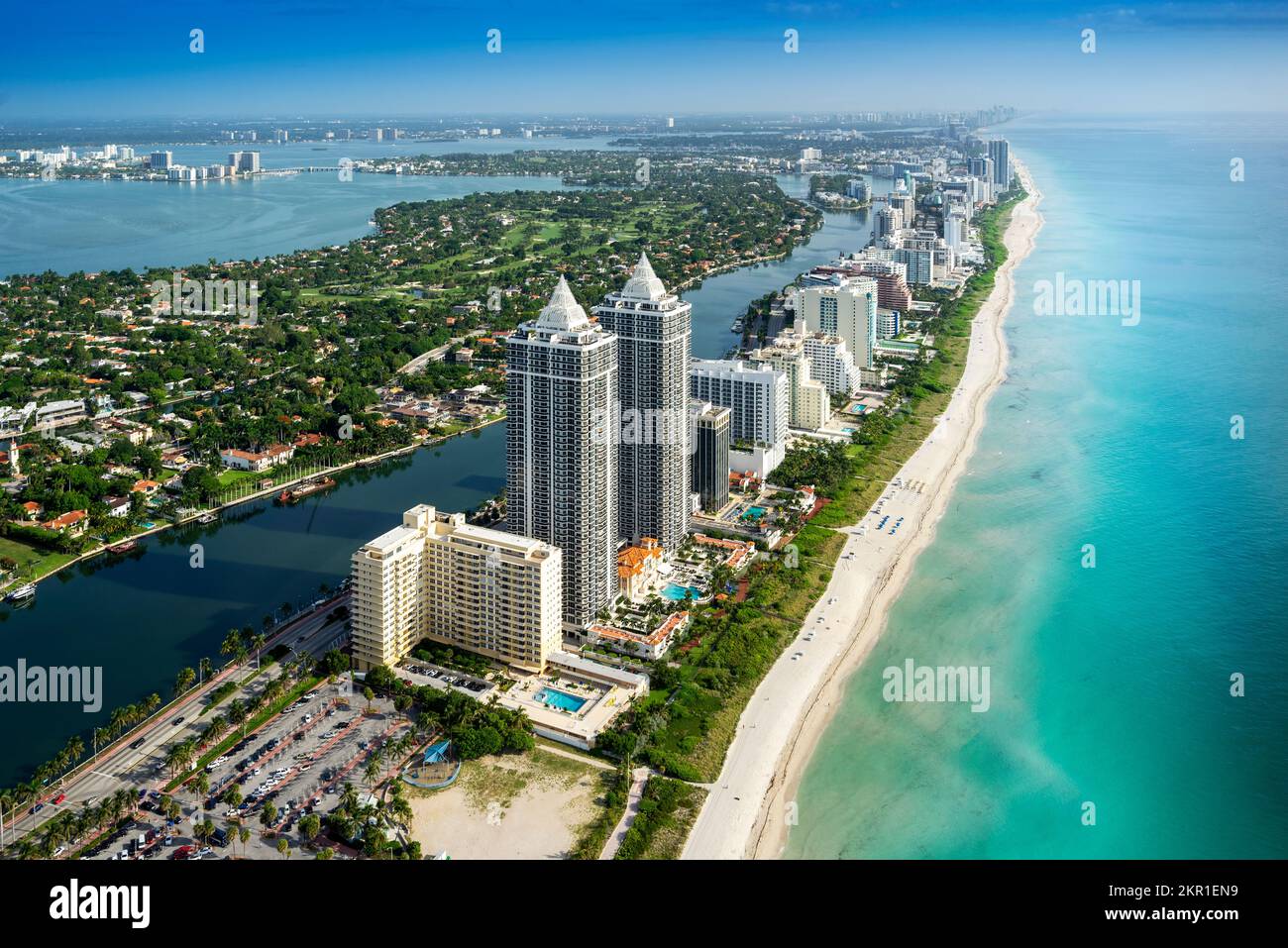 Aerial View from a Helicopter of Miami Beach, South Miami Beach,  Miami Dade, Florida North America, USA Stock Photo