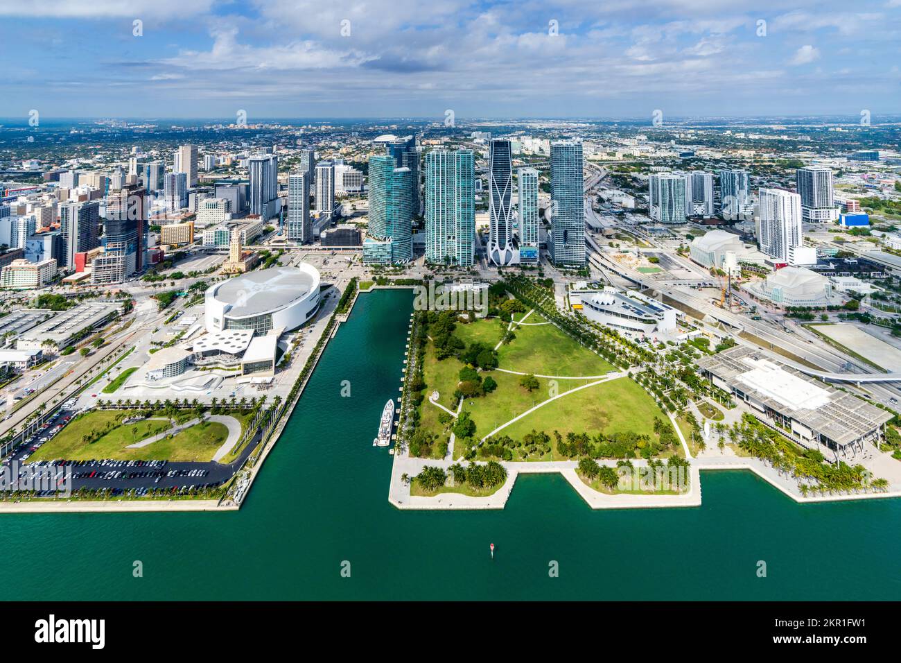 Aerial View from a Helicopter of Miami Downtown, South Miami Beach,  Miami Dade, Florida North America, USA Stock Photo