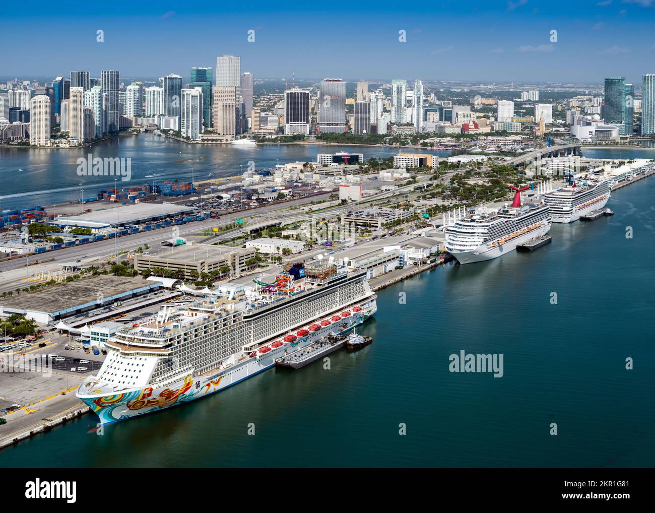 Aerial View from a Helicopter of Miami Downtown, South Miami Beach,  Miami Dade, Florida North America, USA Stock Photo
