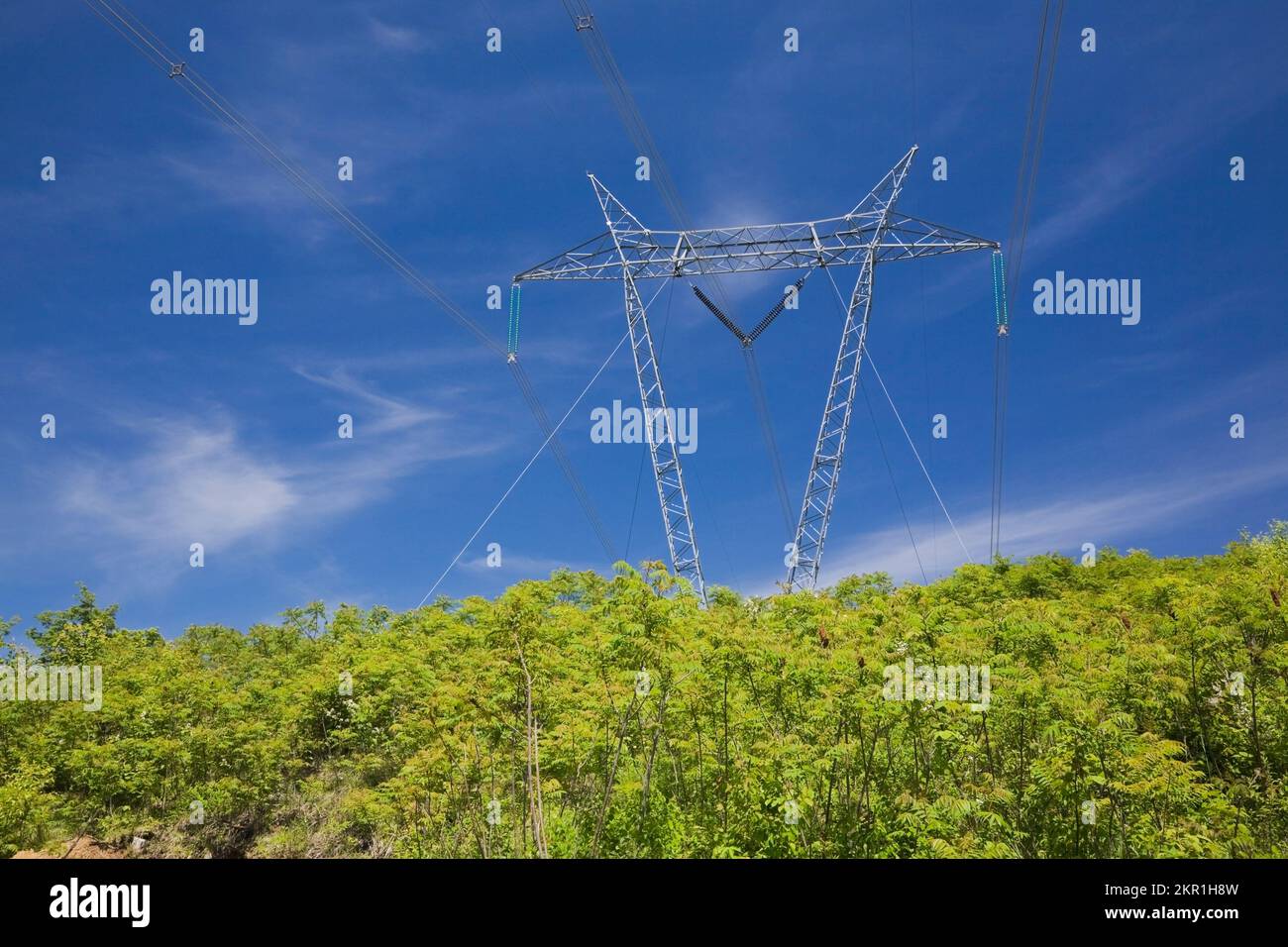 Electricity transmission tower in field in spring, Laurentians, Quebec, Canada Stock Photo Alamy