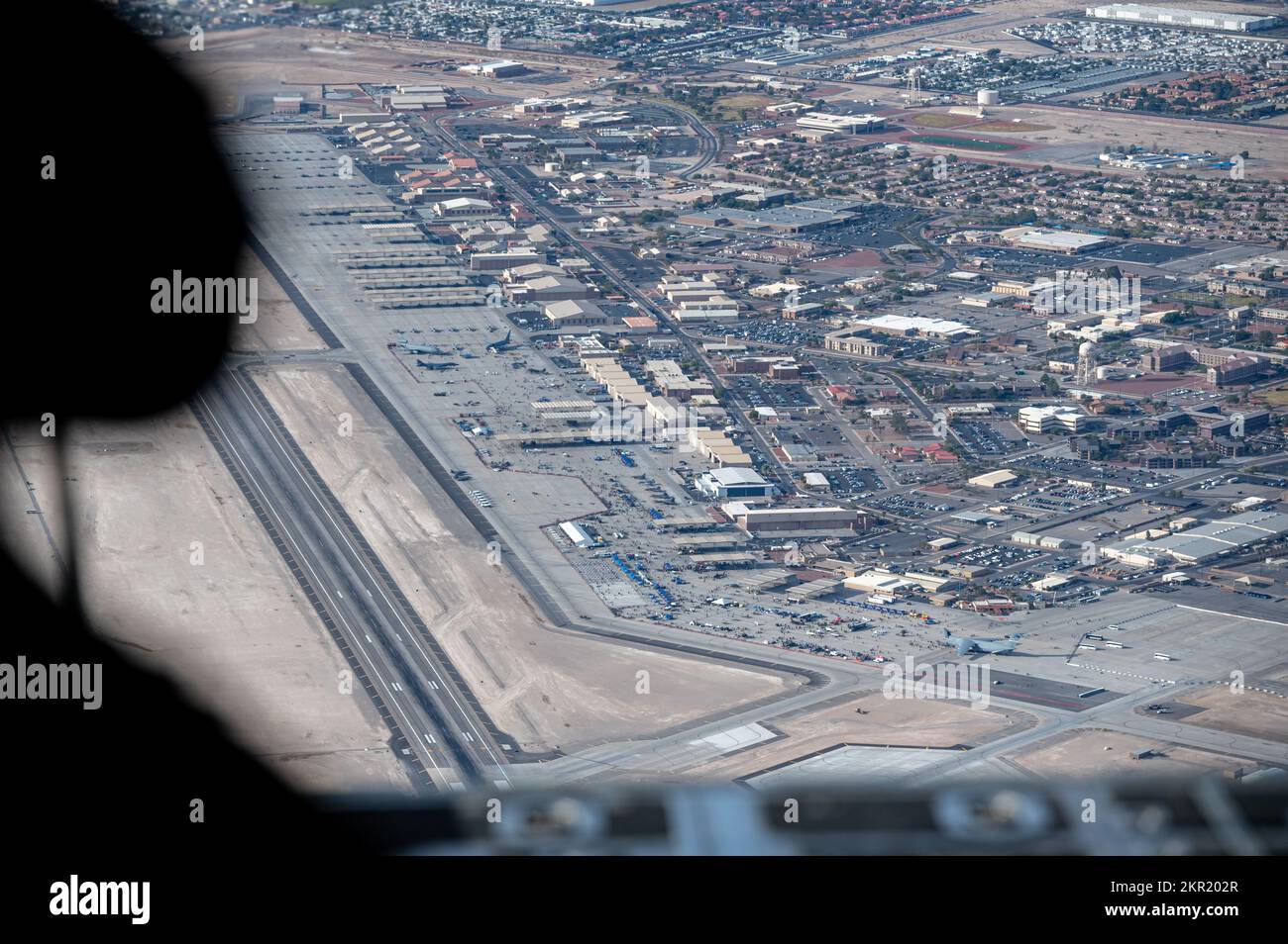 A C130J Hercules flies over Aviation Nation 2022 airshow at Nellis Air Force Base, Nevada, Nov