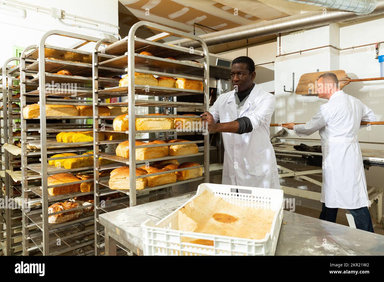 African baker pushing rack trolley with baked loaves Stock Photo
