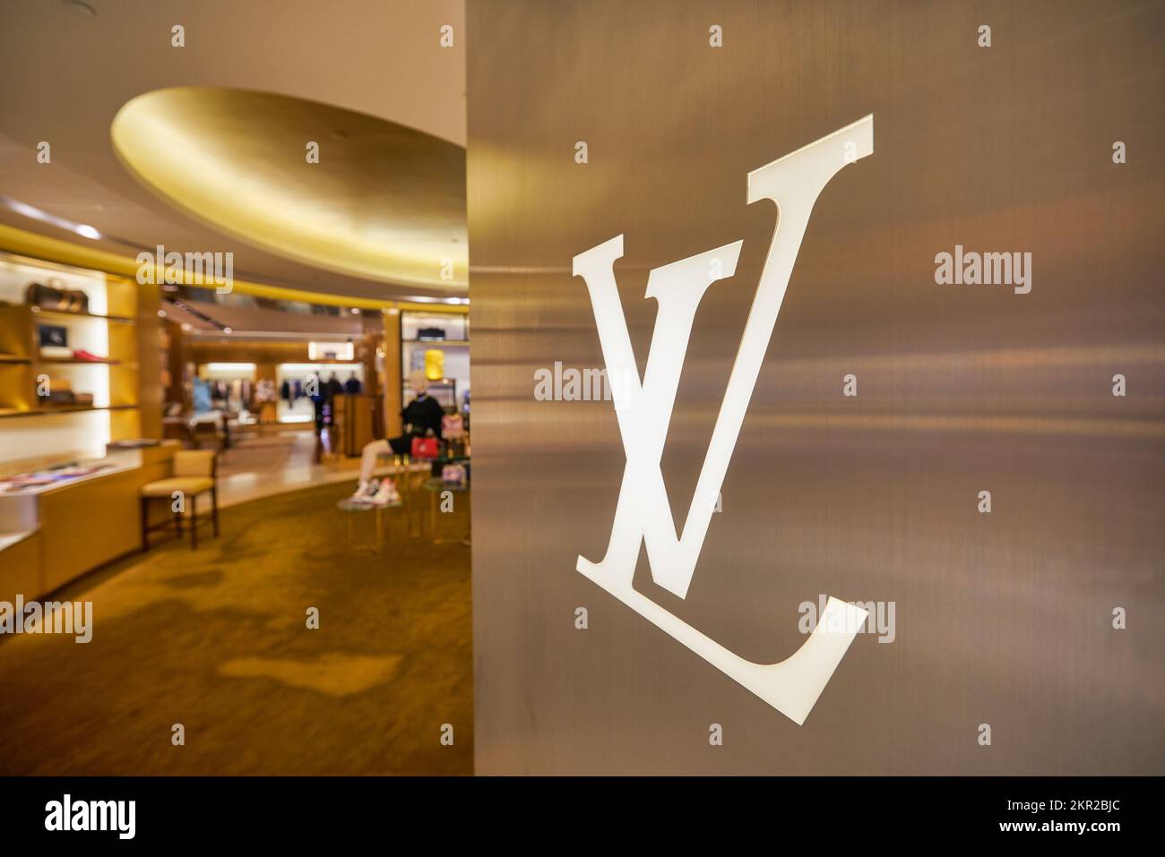 HONG KONG - CIRCA DECEMBER, 2019: close up shot of LV sign as seen at Elements shopping mall in Hong Kong. Stock Photo