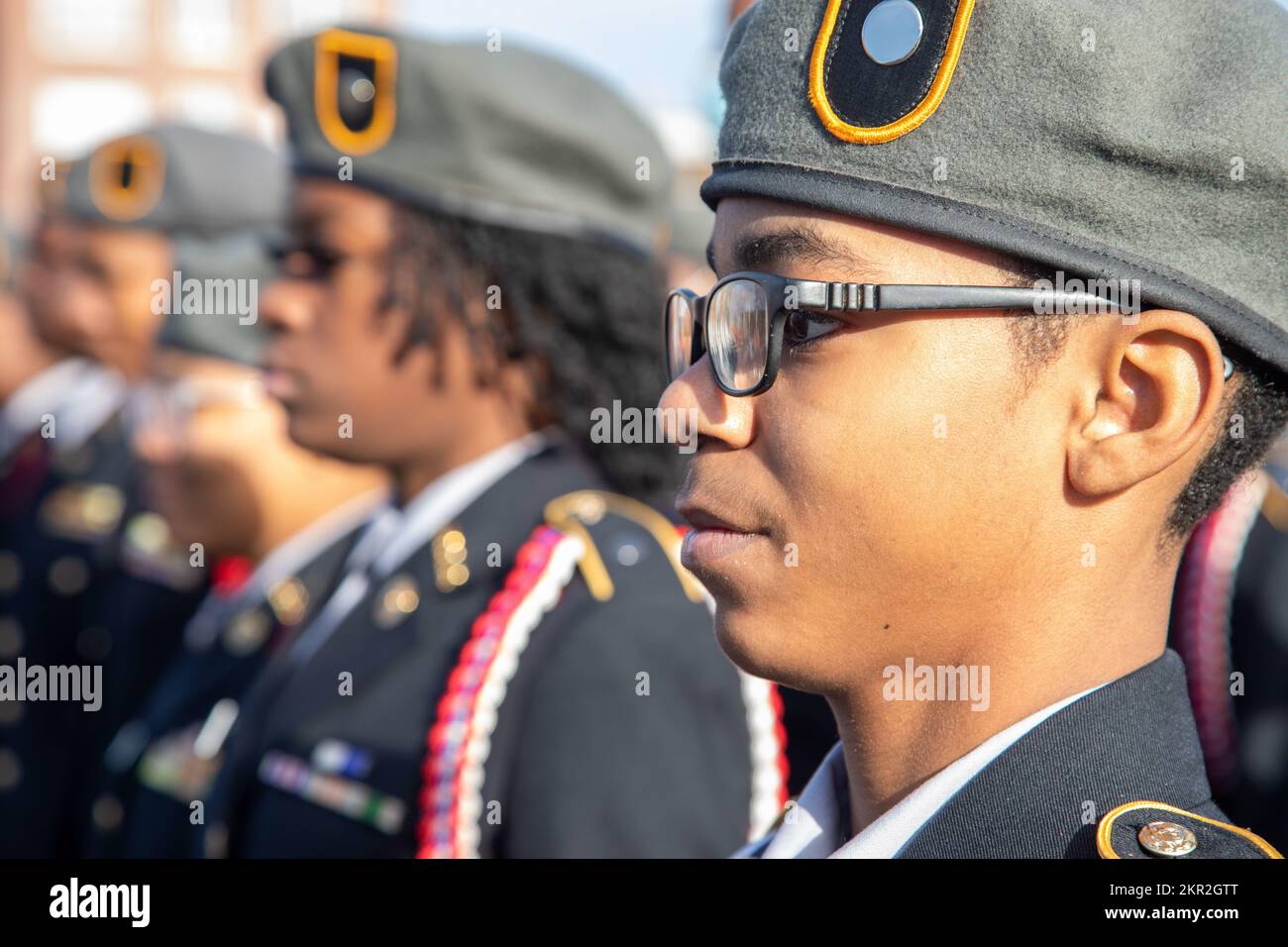 DETROIT, Mich. - Junior Reserve Officer Training Corps (JROTC) Cadets of the Polar Bear Battalion from Berkeley and F.C. Sherman division Port Haven, attend the 17th annual Armed Services Salute on Nov. 6, 2022. (Army Reserve photo by Sgt. Robert Torres, 220th Public Affairs detachment).     The Armed Services Salute (TASS) honors our veterans and active military, community support and the authentic patriotism inspired by that collaboration. This event further solidifies solidarity between the community and the Armed Services. TASS is a patriotic Veterans Day celebration in Corktown, Detroit, Stock Photo