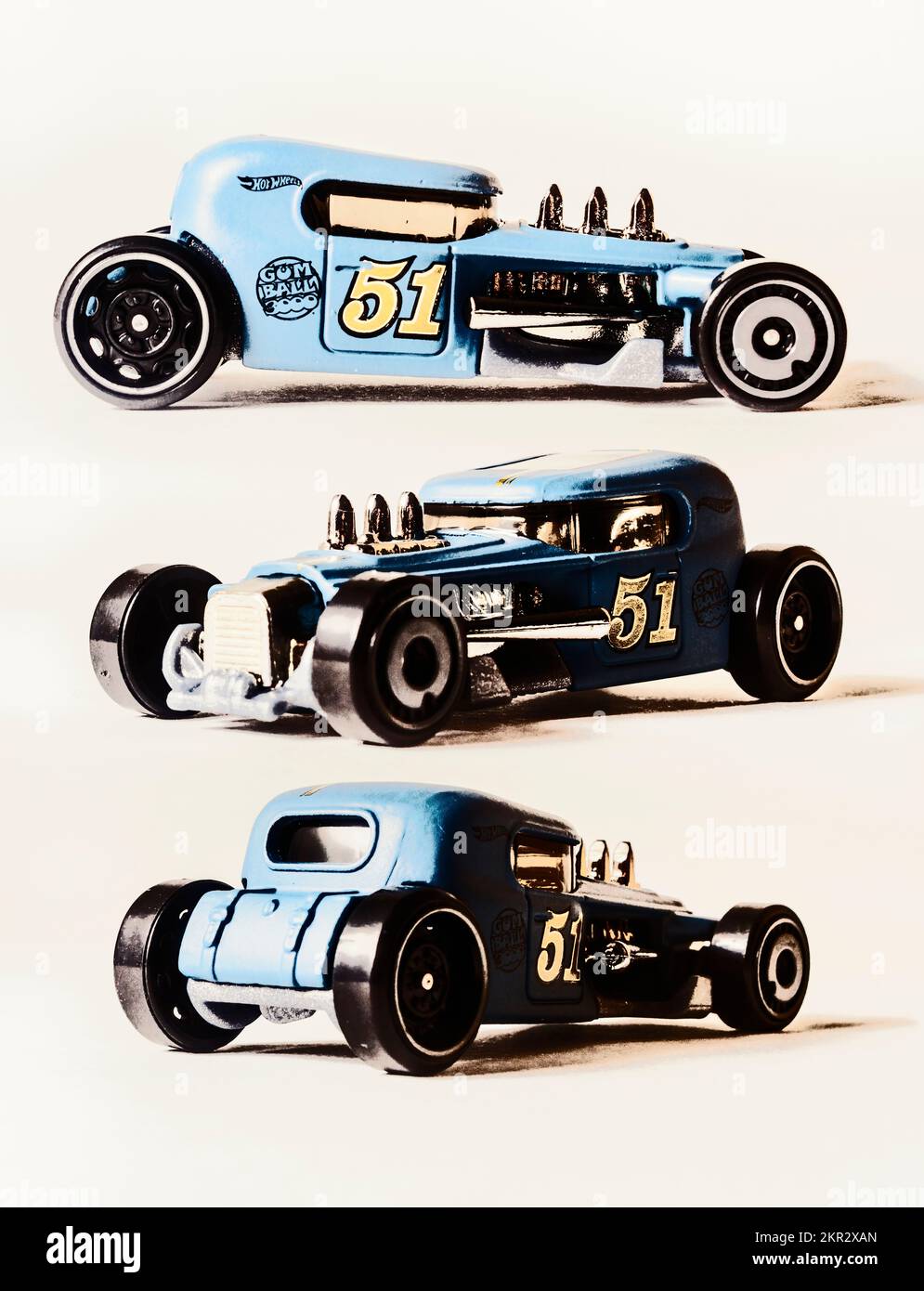 Retro car artwork on a garaged display of customized power with three mods in triptych. Racing rods Stock Photo