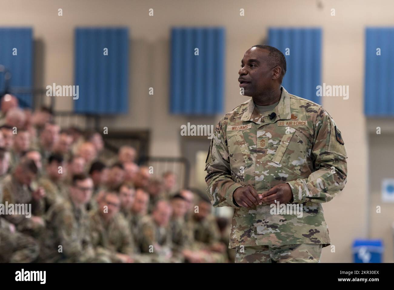 U.S. Air Force Chief Master Sgt. Maurice L. Williams, command chief, Air National Guard to Airmen assigned to the Ohio National Guard’s 180th Fighter Wing (FW) during a visit to the 180 FW in Swanton, Ohio, Nov. 6, 2022. Williams visited the 180 FW to share his vision for leadership qualities and gauged the dynamics and unique needs of Airmen and their units. Stock Photo