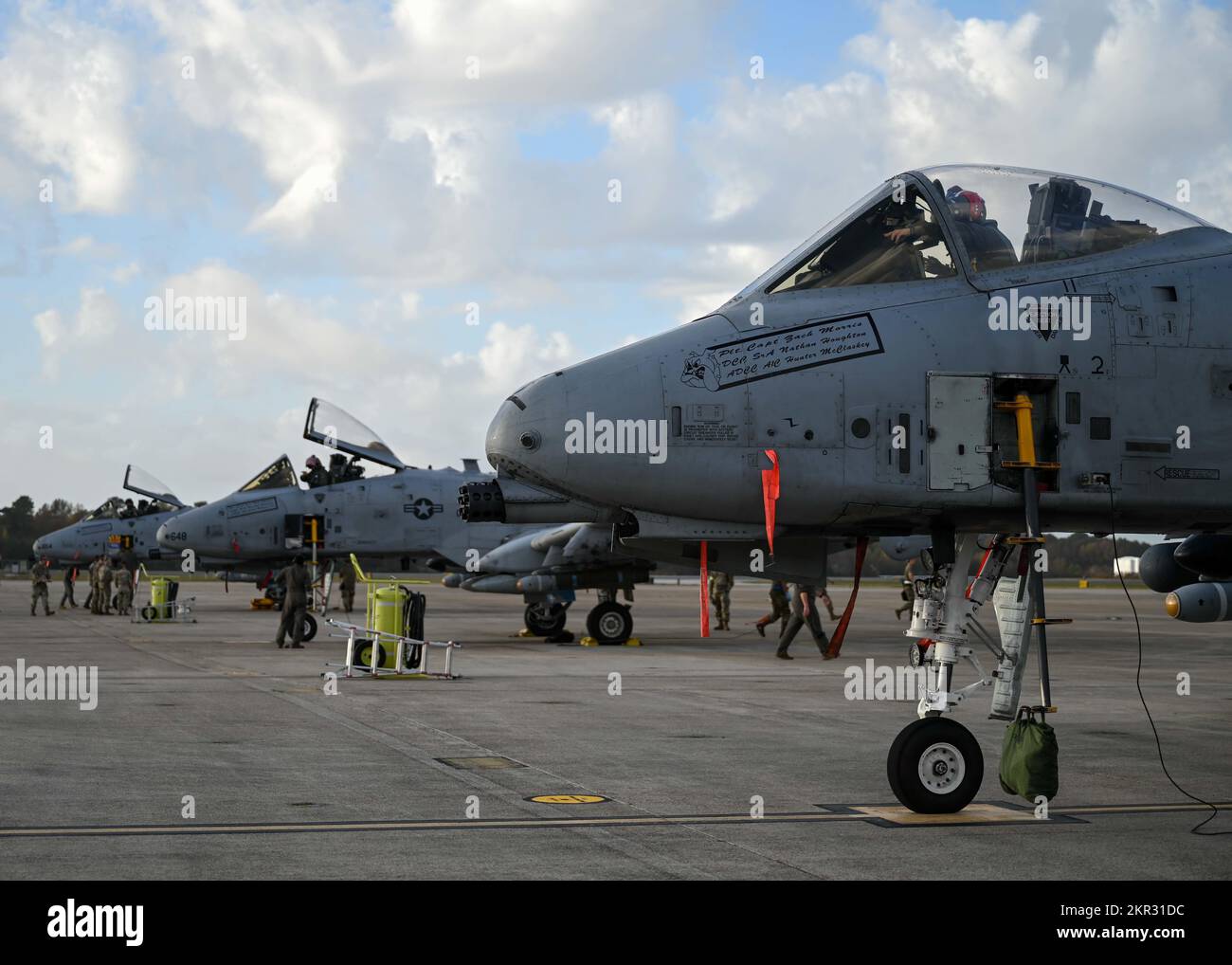 A-10 Thunderbolt IIs from the 354th Fighter Squadron at Davis-Monthan Air Force Base sit on the flightline at Naval Air Station Oceana, Virginia, during Bushwhacker 22-07, Nov. 3, 2022. Davis-Monthan is an operational, warfighting base with 11,000 total force Airmen that directly support six combatant commanders across the globe every day. (U.S. Air Force photo by Airman 1st Class Paige Weldon) Stock Photo