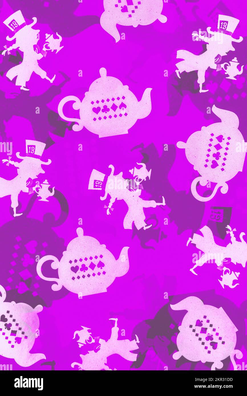 Artistic abstract on a pattern of teapots and cartoon characters from childhood fantasy. Purple tea party Stock Photo