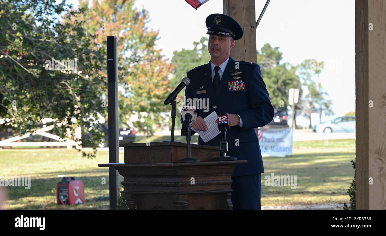 U.S. Air Force Col. Craig Drescher, 908th Airlift Wing commander, was the distinguished guest speaker at the 11th annual Veterans Appreciation Ceremony, at the Veterans Memorial in Veterans Park, Pike Road, Alabama, Nov. 6, 2022. Drescher shared touching moments from his military service and expressed his gratitude for the continued support from local communities. Stock Photo