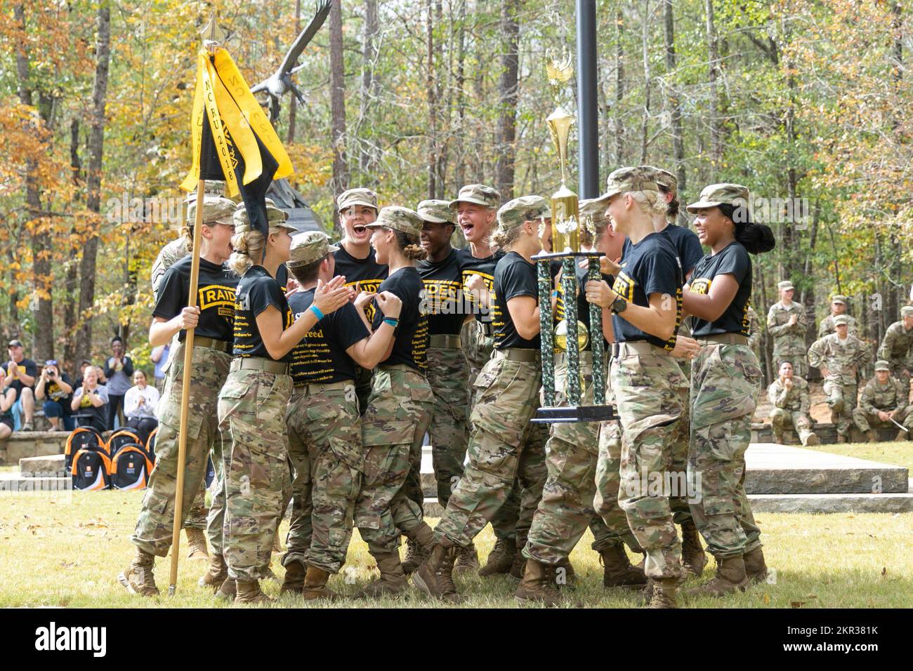 Leavenworth High School celebrates their first place win in the female division of the 2022 Army JROTC National Raider Championships. As the final day of the Raider Championships in Molena, Ga. came to an end on November 6, trophies were handed out to the top five schools in each of the events. Trophies were also awarded to the top performing schools that placed first and second in the male, female, and mixed divisions of the national championships. (Photo by Sarah Windmueller, U.S. Army Cadet Command Public Affairs) Stock Photo