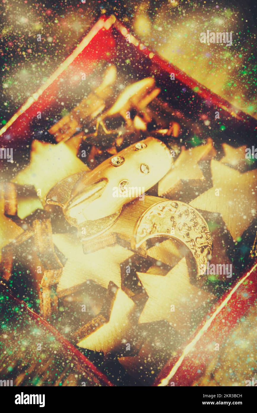 Fine art space scene on a childrens open toy box with various spacecraft and interstellar icons