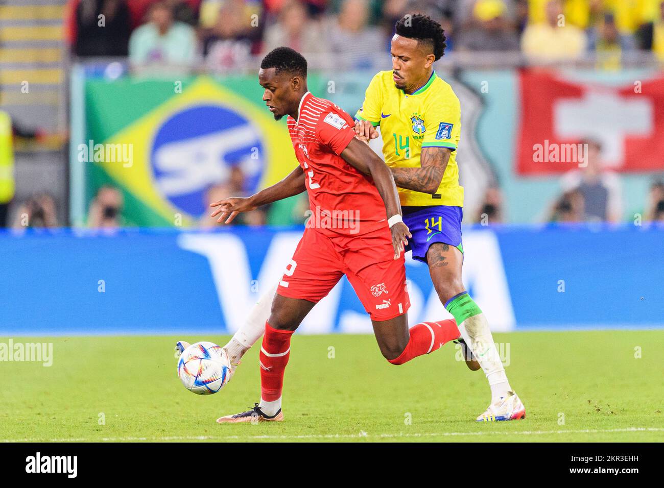 Doha, Qatar. 28th Nov, 2022. 974 Stadium Edimilson Fernandes of Switzerland and Eder Militao of Brazil during a match between Brazil and Switzerland, valid for the group stage of the World Cup, held at 974 Stadium in Doha, Qatar. (Marcio Machado/SPP) Credit: SPP Sport Press Photo. /Alamy Live News Stock Photo