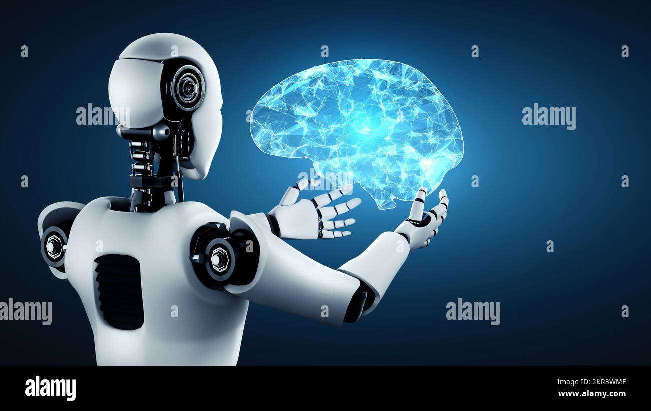 AI hominoid robot holding virtual hologram screen showing concept of AI
