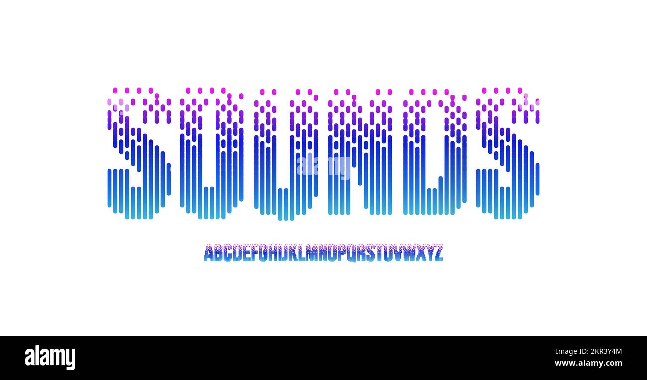 Sounds equalizer font alphabet letters. Modern logo typography. Audio wave typographic design. Voice frequency letter set for logo, headline, title Stock Vector