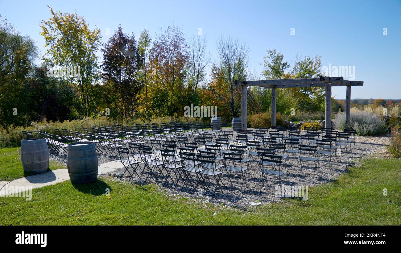 Outdoor wedding venue with olds oak barrels outside the winery Stock Photo