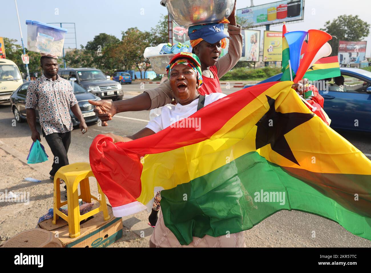 Accra, Ghana. 28th Nov, 2022. Football fans celebrate Ghanaian national football team's winning over South Korea in FIFA Qatar World Cup in Accra, Ghana, Nov. 28, 2022. Credit: Seth/Xinhua/Alamy Live News Stock Photo