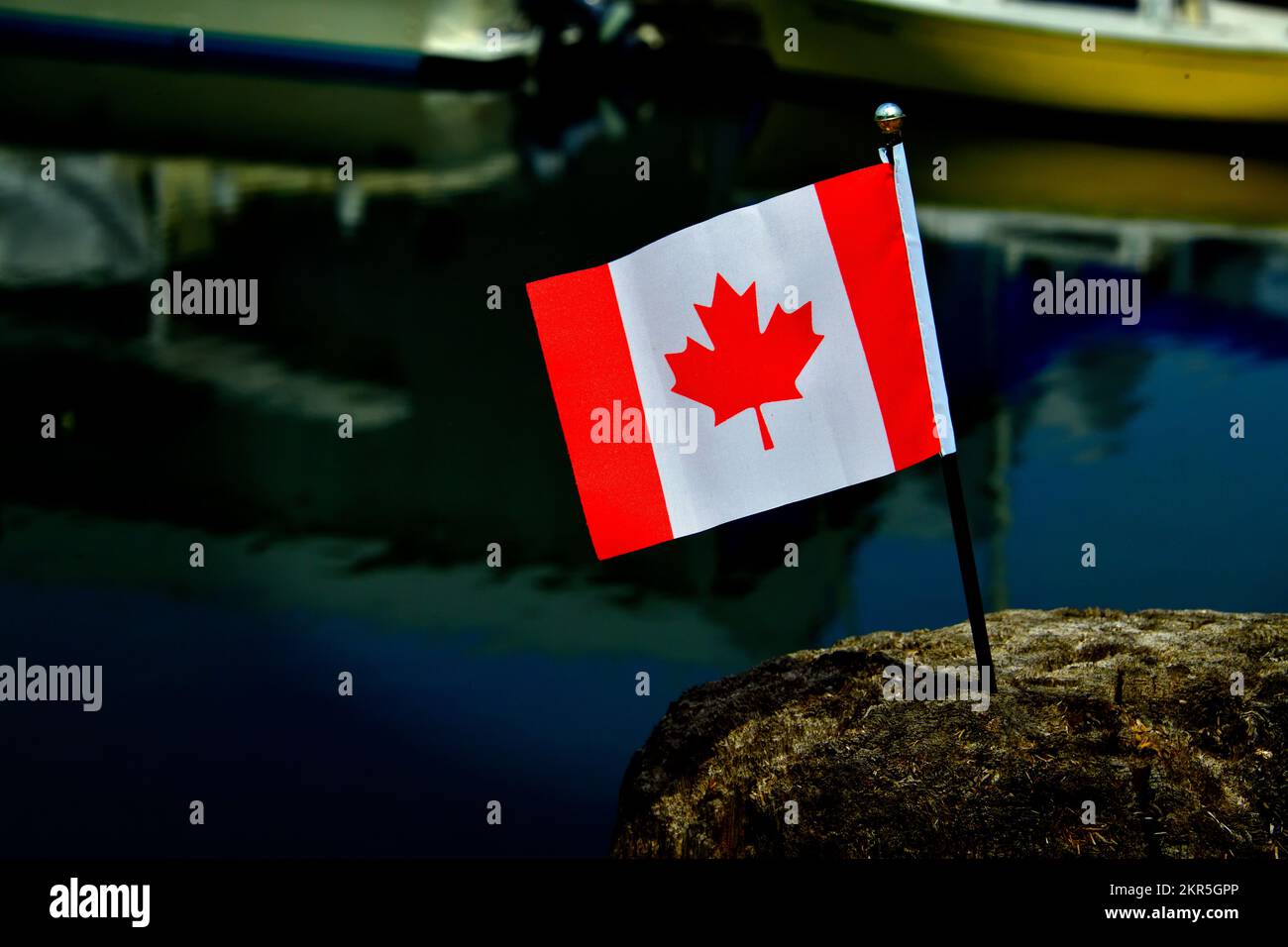 A small Canada flag placed on a piece of driftwood left at a marina on Vancouver Island on Canada Day Stock Photo