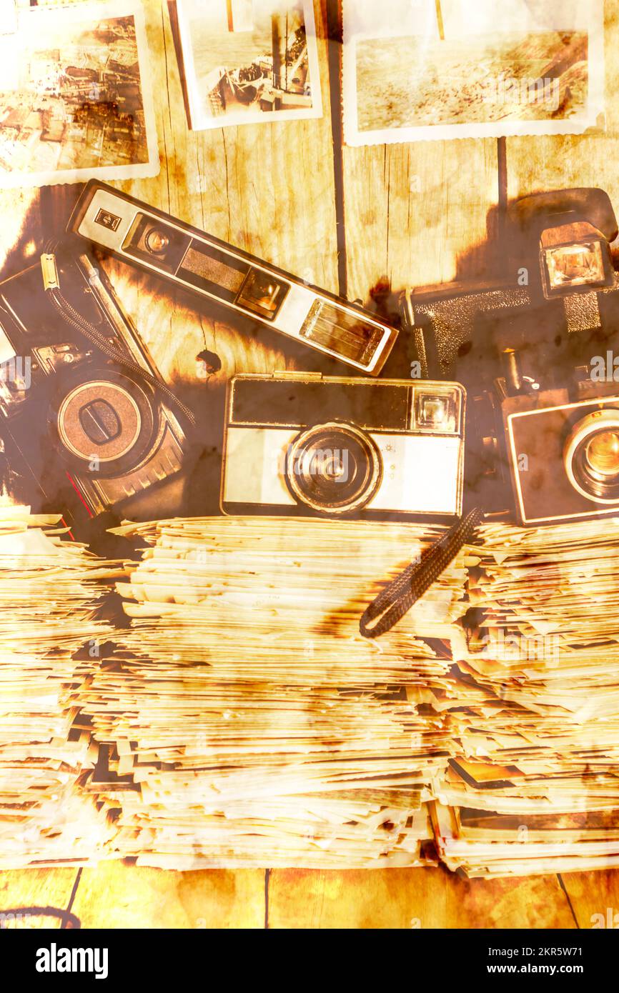 Old faded and dated film photograph on a collection of obsolete camera