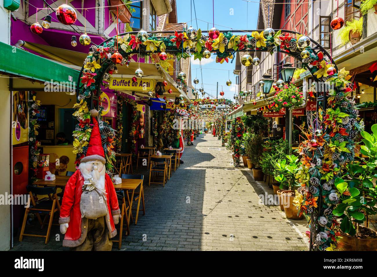 Blumenau, Brazil, January 20, 2022: Traditional shops with Christmas decorations in German Village in the city of Blumenau, Brazil Stock Photo