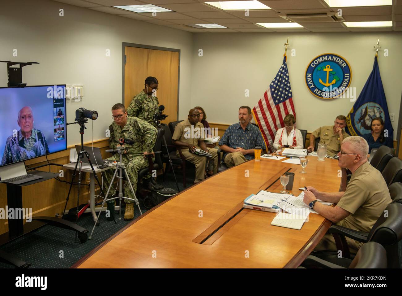 U.S. Navy Rear Adm. John Wade, Joint Task Force-Red Hill (JTF-RH) Commander, speaks to the Fuel Tank Advisory Committee (FTAC) held virtually onboard Joint Base Pearl Harbor-Hickam, Hawaii, Nov. 9, 2022. The FTAC is a committee hosted by the Hawaii State Department of Health that studies issues related to leaks of field-constructed underground fuel storage including the tanks at the Red Hill Bulk Fuel Storage Facility. Stock Photo