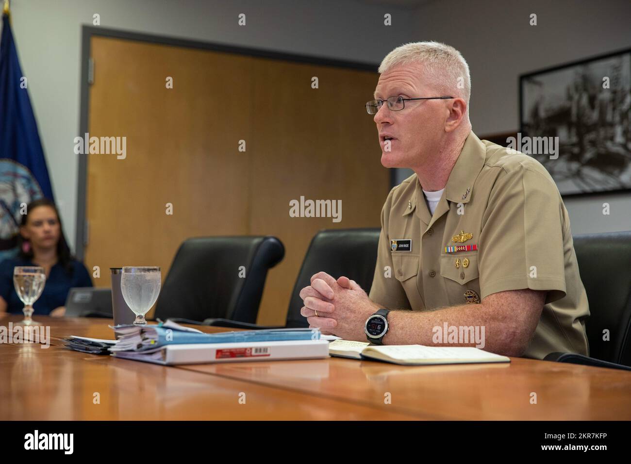 U.S. Navy Rear Adm. John Wade, Joint Task Force-Red Hill (JTF-RH) Commander, introduces himself to the Fuel Tank Advisory Committee (FTAC) held virtually onboard Joint Base Pearl Harbor-Hickam, Hawaii, Nov. 9, 2022. The FTAC is a committee hosted by the Hawaii State Department of Health that studies issues related to leaks of field-constructed underground fuel storage including the tanks at the Red Hill Bulk Fuel Storage Facility. Stock Photo