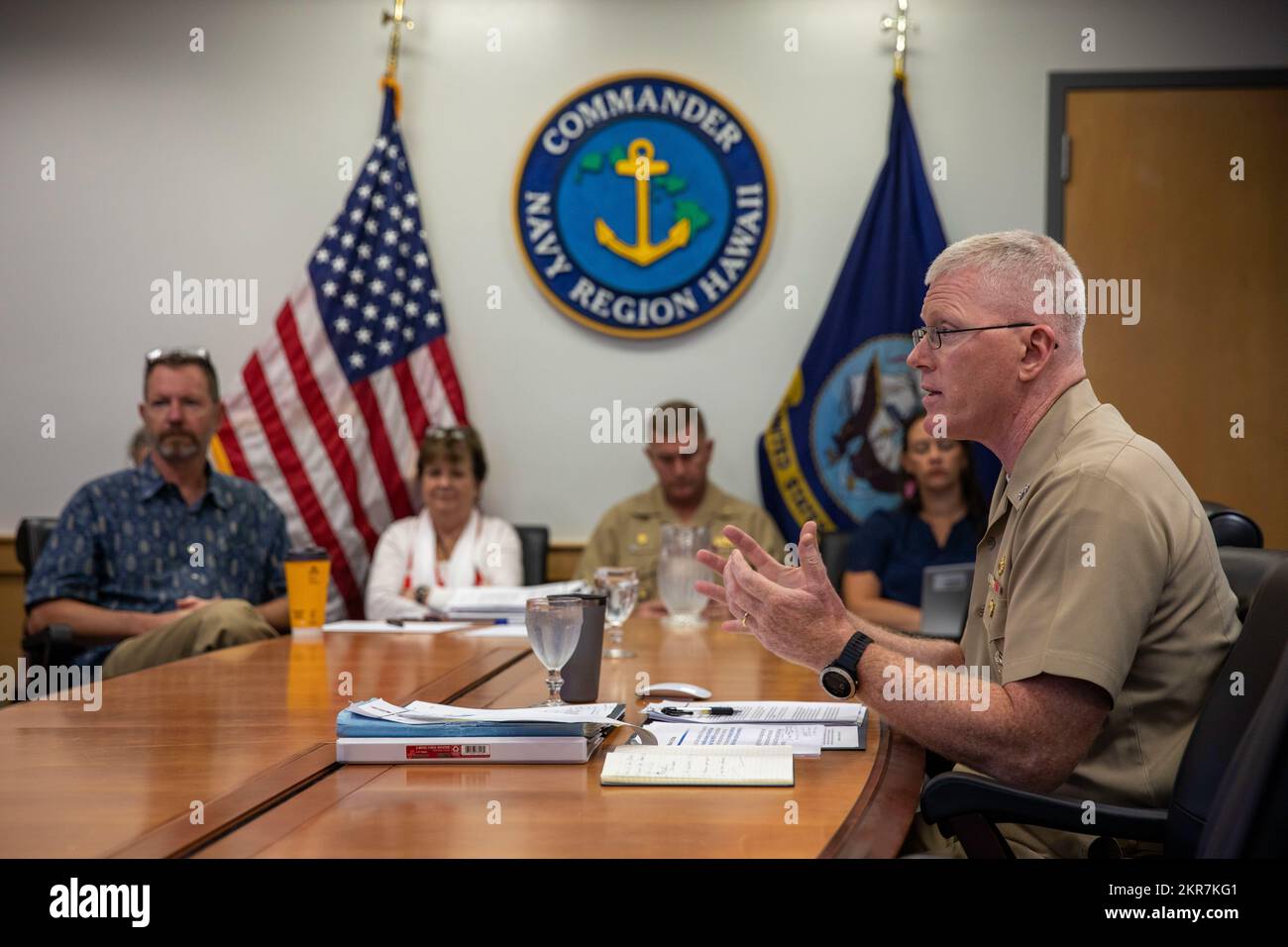 U.S. Navy Rear Adm. John Wade, Joint Task Force-Red Hill (JTF-RH) Commander, speaks to the Fuel Tank Advisory Committee (FTAC) held virtually onboard Joint Base Pearl Harbor-Hickam, Hawaii, Nov. 9, 2022. The FTAC is a committee hosted by the Hawaii State Department of Health that studies issues related to leaks of field-constructed underground fuel storage including the tanks at the Red Hill Bulk Fuel Storage Facility. Stock Photo